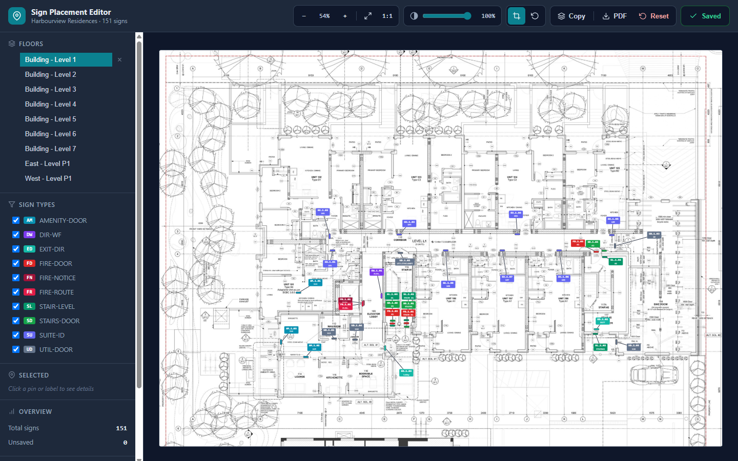 WayPlan editor — signs placed on a floor plan